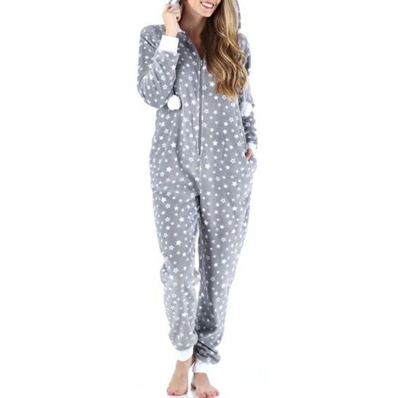Frankie & Johnny XS Hooded Fleece Non-Footed Onesie Pajama Gray White Star - Picture 1 of 4